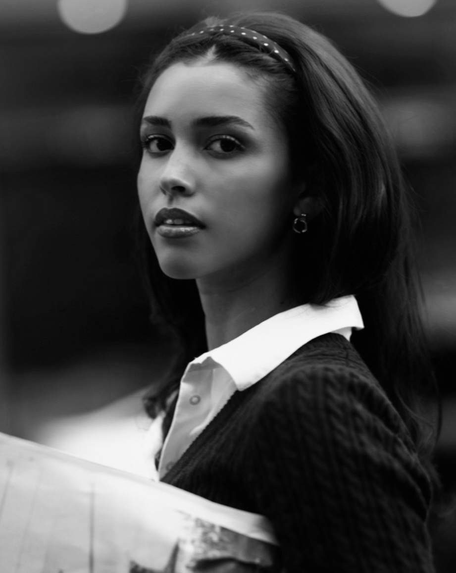 Black and white editorial portrait of Joy Navarro